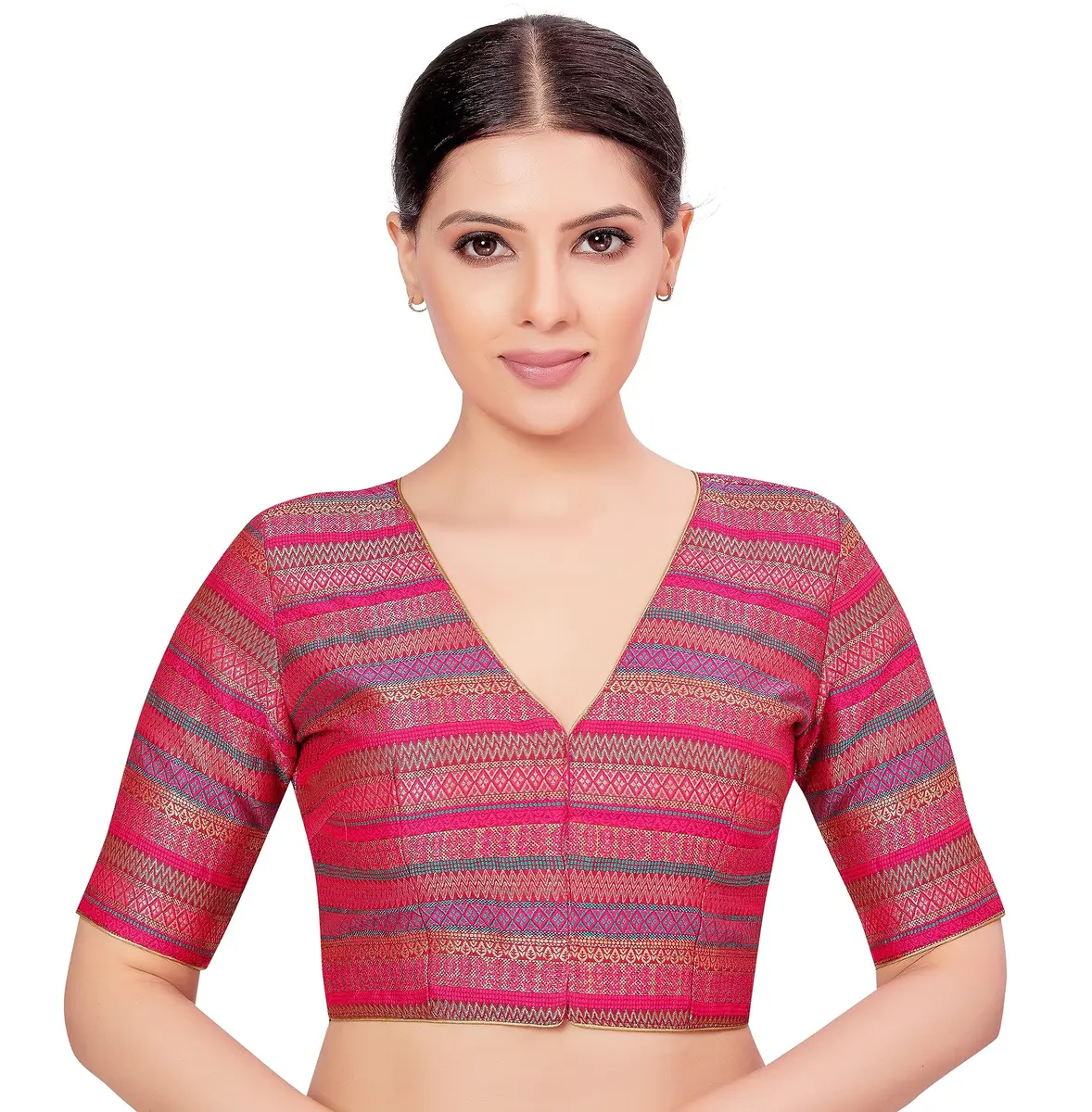 STUDIO Shringaar Women's Half Sleeve Brocade Saree Blouse (34/86cm) Multi | V-Neck, Front Opening, Non-Padded - main product image