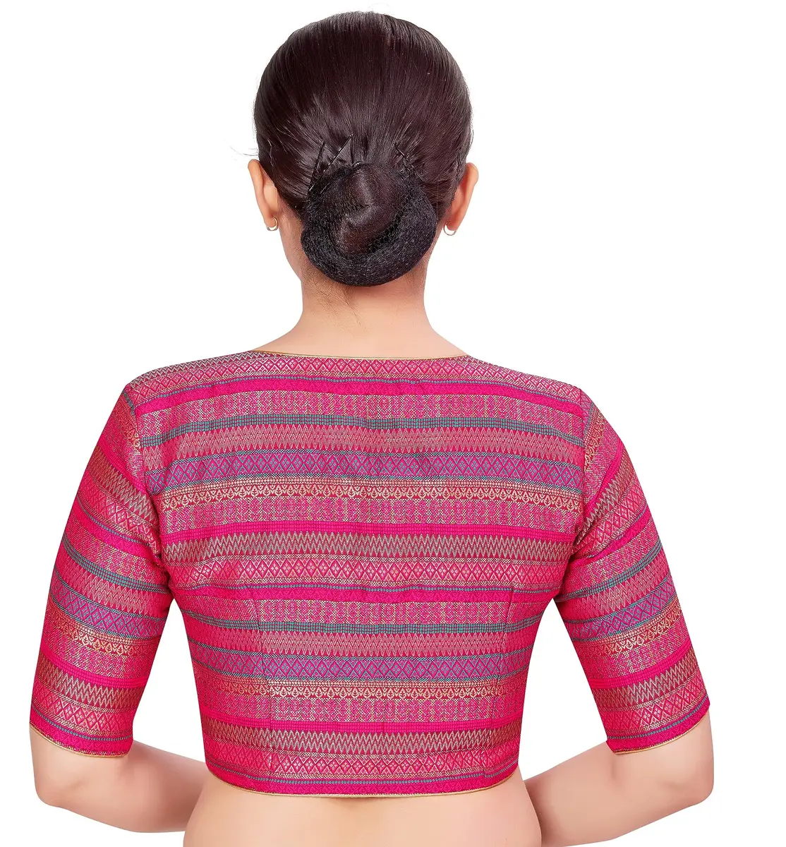 STUDIO Shringaar Women's Half Sleeve Brocade Saree Blouse (34/86cm) Multi | V-Neck, Front Opening, Non-Padded - view 2