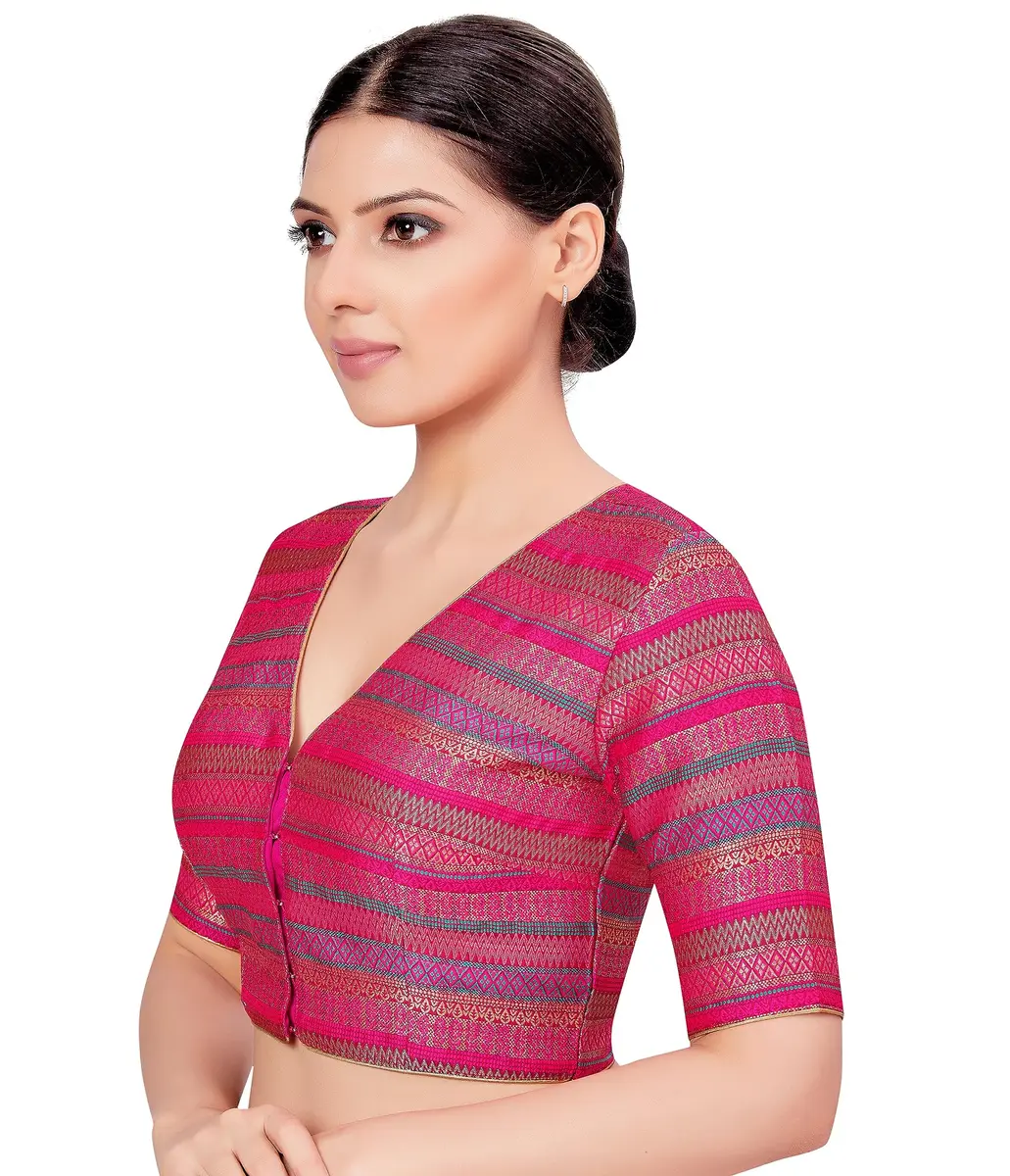 STUDIO Shringaar Women's Half Sleeve Brocade Saree Blouse (34/86cm) Multi | V-Neck, Front Opening, Non-Padded - view 3