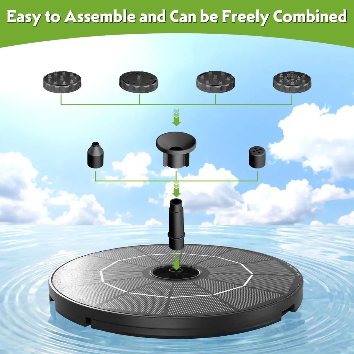 AISITIN 2.8W Solar Fountain Pump with 6 Nozzles & 3.9ft Cord | Attracts Birds to Bird Baths & Ponds - view 7