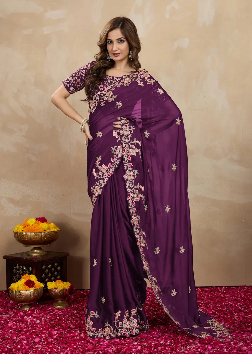 TRENDMALLS Women's Rangoli Silk Heavy Embroidered Saree with Unstitched Blouse Piece - Purple - view 5
