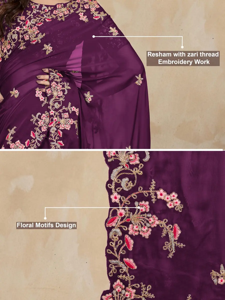 TRENDMALLS Women's Rangoli Silk Heavy Embroidered Saree with Unstitched Blouse Piece - Purple - view 6