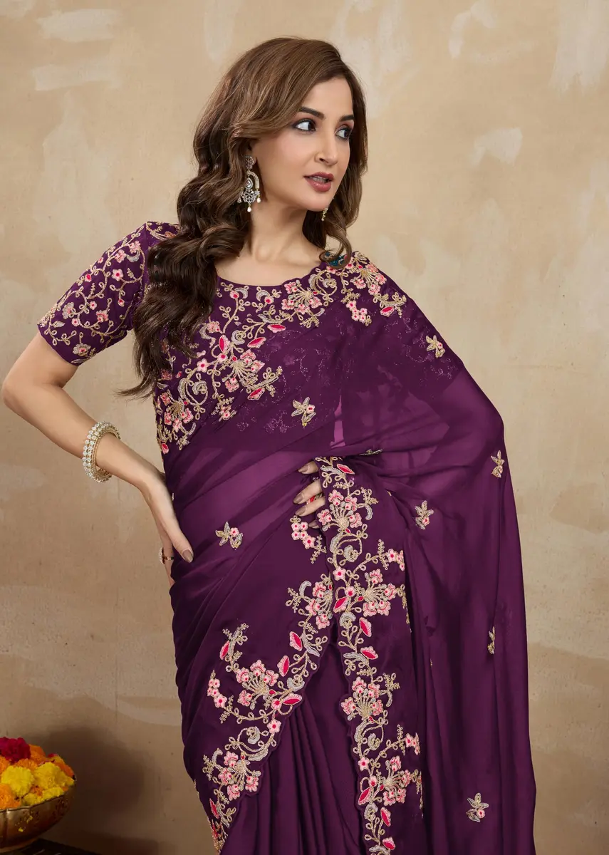TRENDMALLS Women's Rangoli Silk Heavy Embroidered Saree with Unstitched Blouse Piece - Purple - view 9