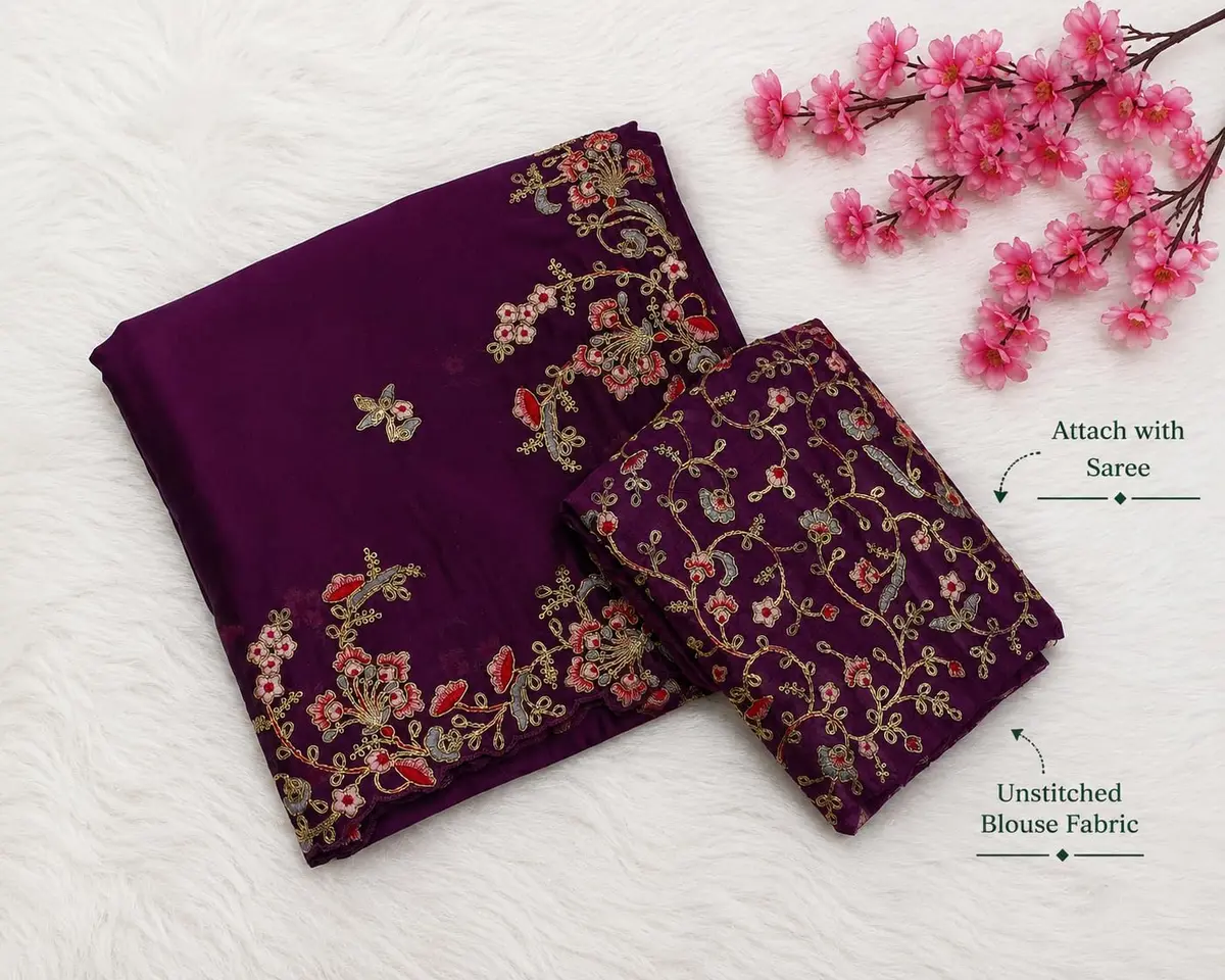 TRENDMALLS Women's Rangoli Silk Heavy Embroidered Saree with Unstitched Blouse Piece - Purple - view 2