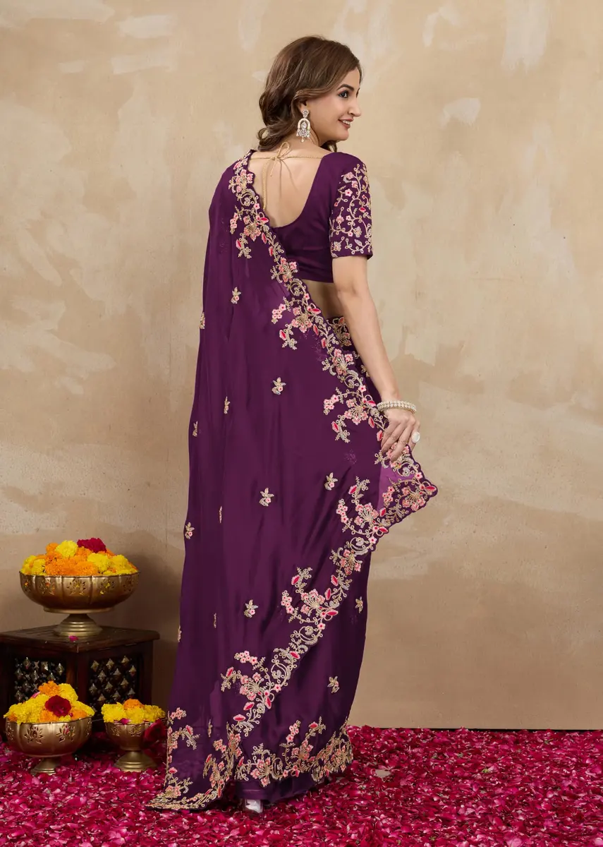 TRENDMALLS Women's Rangoli Silk Heavy Embroidered Saree with Unstitched Blouse Piece - Purple - view 3