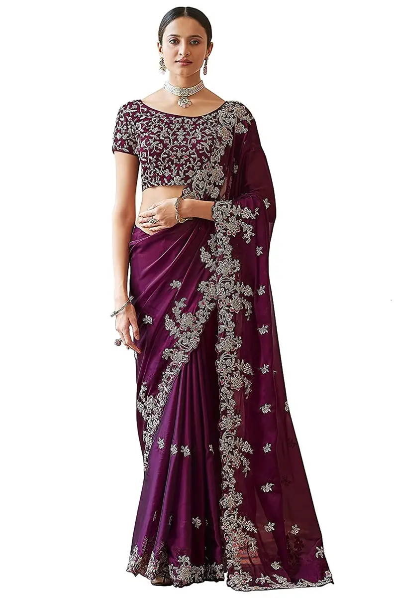 TRENDMALLS Women's Rangoli Silk Heavy Embroidered Saree with Unstitched Blouse Piece - Purple - view 4