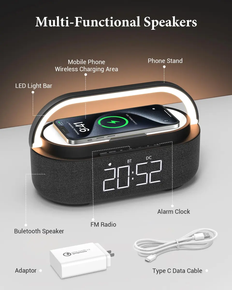 COLSUR 6-in-1 Bluetooth Speaker with Wireless Charger & LED Clock, 2500mAh Portable, Black | Modern Home Decor - view 4