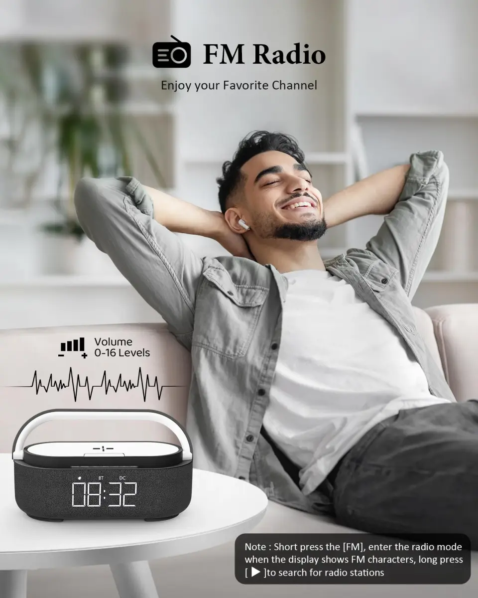 COLSUR 6-in-1 Bluetooth Speaker with Wireless Charger & LED Clock, 2500mAh Portable, Black | Modern Home Decor - view 5