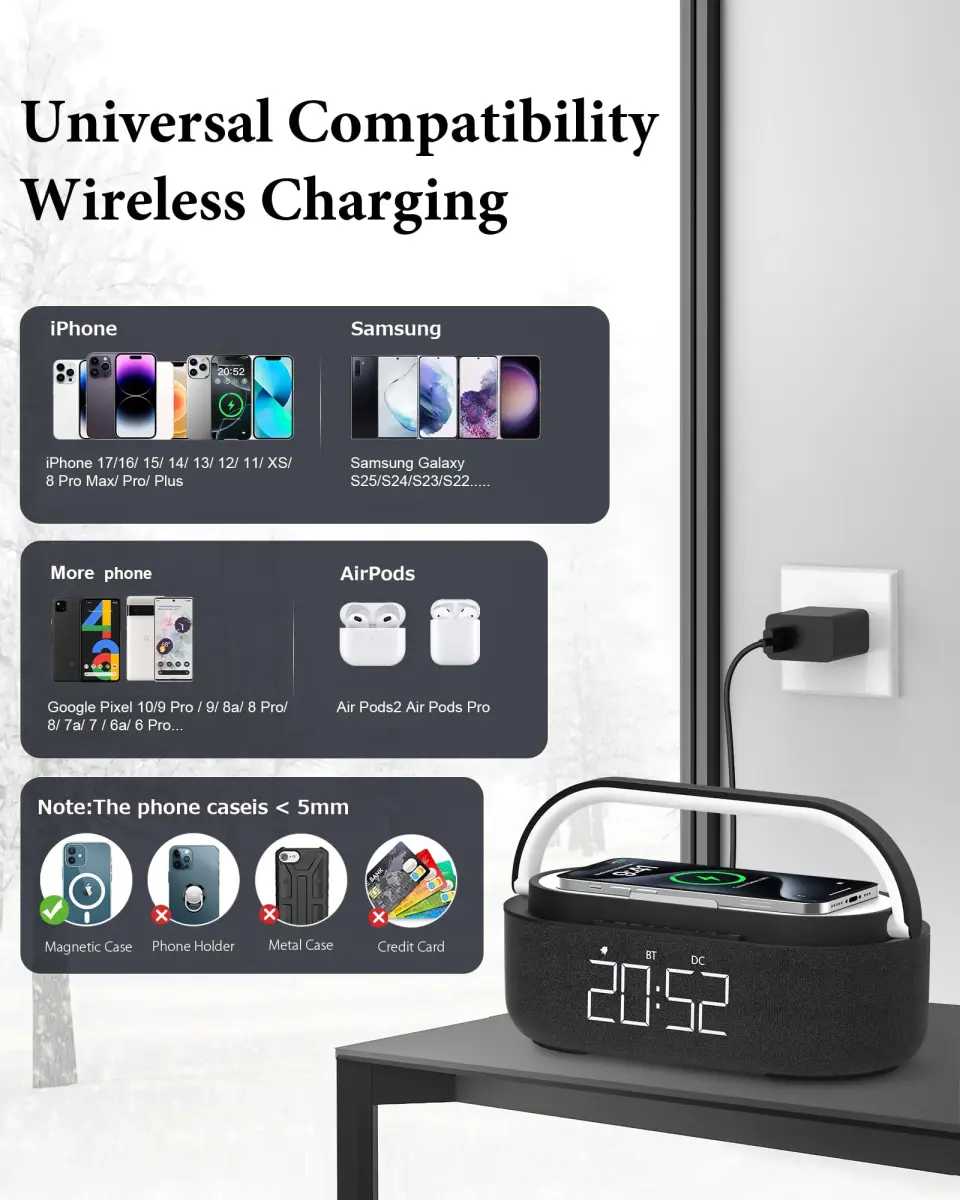 COLSUR 6-in-1 Bluetooth Speaker with Wireless Charger & LED Clock, 2500mAh Portable, Black | Modern Home Decor - view 7