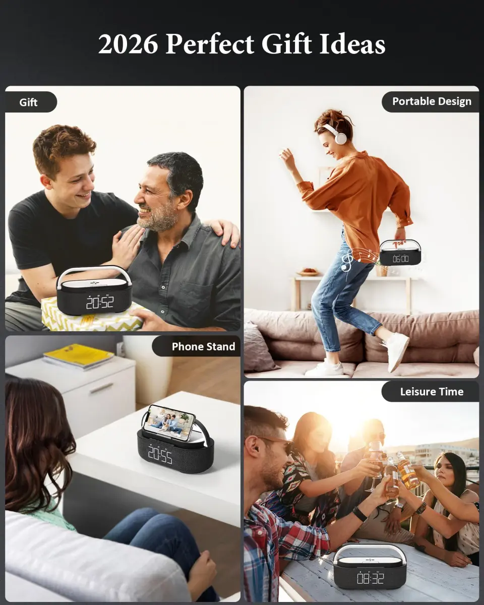 COLSUR 6-in-1 Bluetooth Speaker with Wireless Charger & LED Clock, 2500mAh Portable, Black | Modern Home Decor - view 8