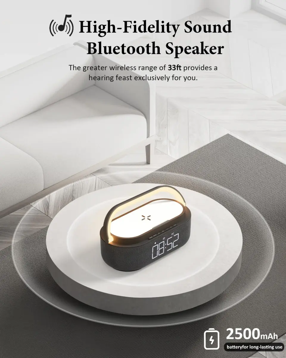 COLSUR 6-in-1 Bluetooth Speaker with Wireless Charger & LED Clock, 2500mAh Portable, Black | Modern Home Decor - view 2
