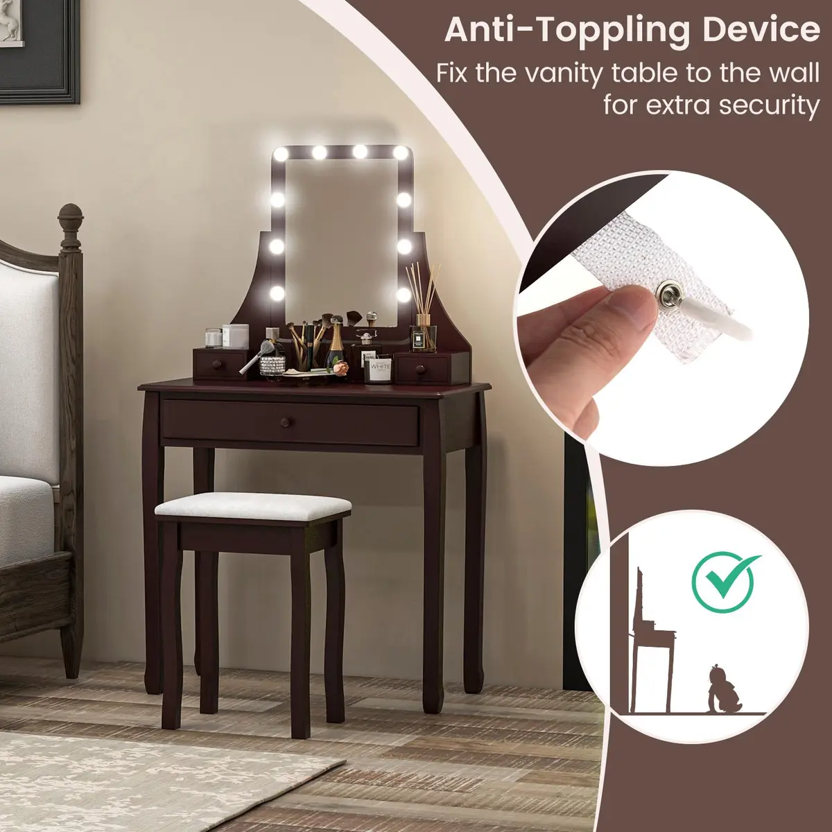 CHARMAID Makeup Vanity Desk with Lighted Mirror, 3 Color Modes, Adjustable Brightness, 3 Drawers, Removable Dividers, Bedroom Set with Stool (Espresso) | Elegant & Durable - view 5