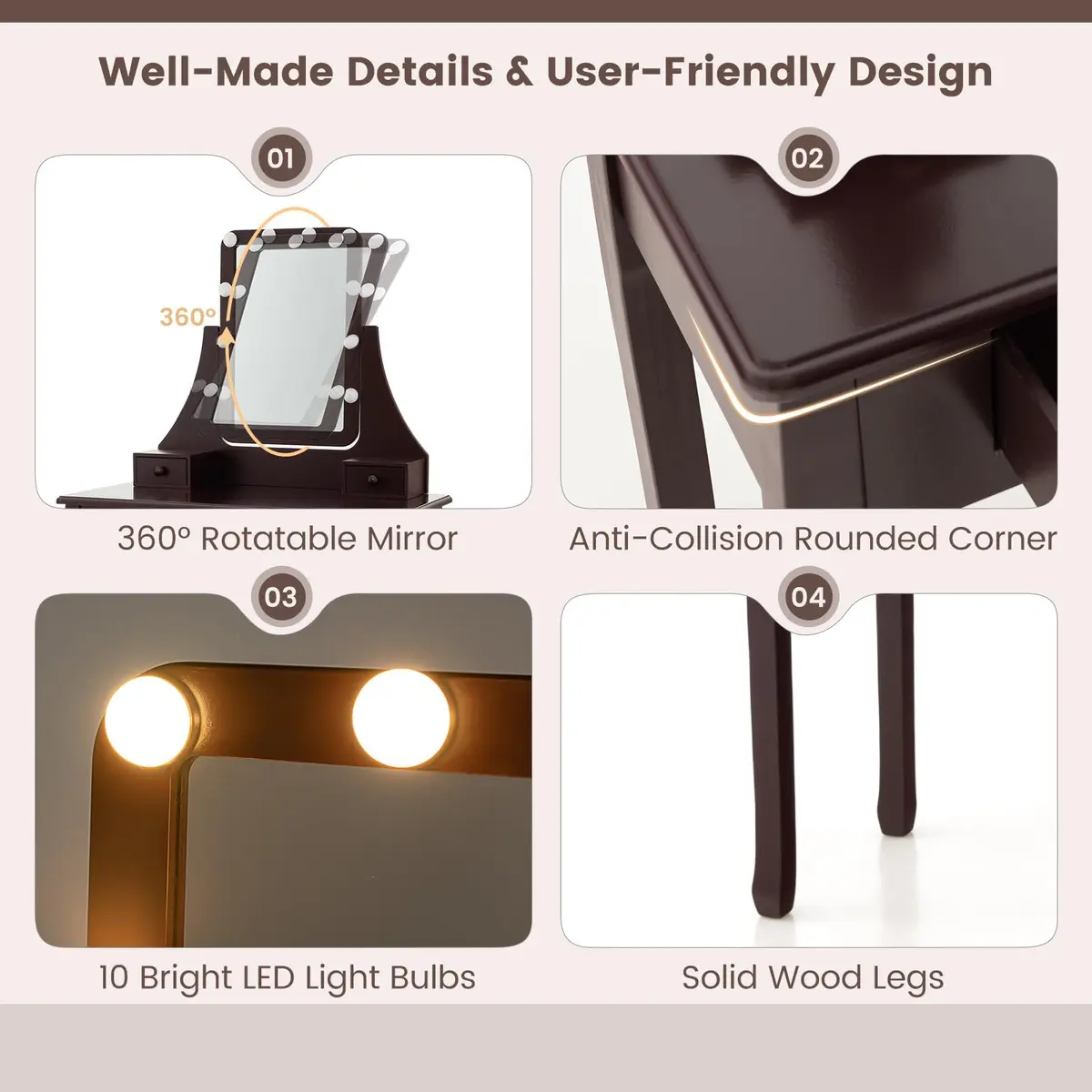 CHARMAID Makeup Vanity Desk with Lighted Mirror, 3 Color Modes, Adjustable Brightness, 3 Drawers, Removable Dividers, Bedroom Set with Stool (Espresso) | Elegant & Durable - view 8