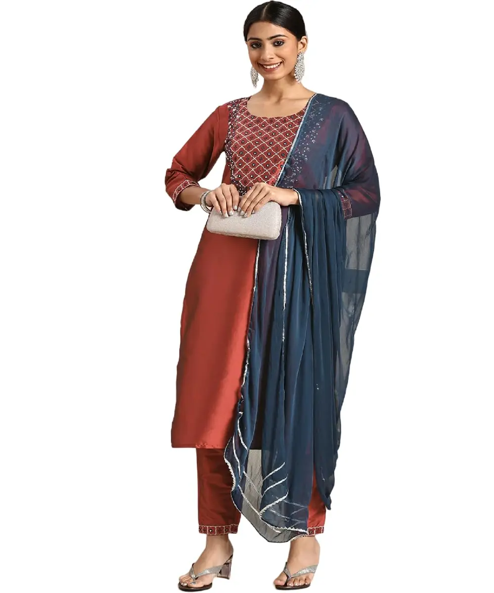 Yashika Women's Art Silk Kurta and Trousers Set with Dupatta (L, Brown) | Party & Festival Wear - main product image