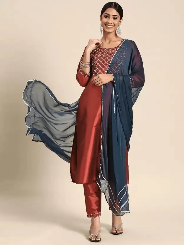 Yashika Women's Art Silk Kurta and Trousers Set with Dupatta (L, Brown) | Party & Festival Wear - view 3