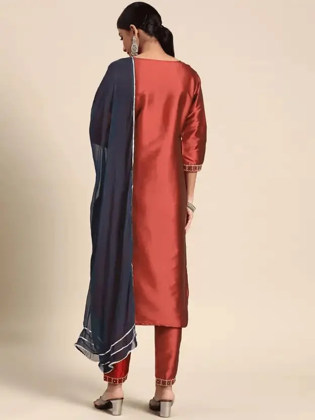 Yashika Women's Art Silk Kurta and Trousers Set with Dupatta (L, Brown) | Party & Festival Wear - view 4