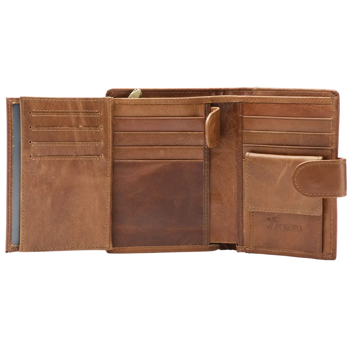 POKOFO Large RFID Genuine Leather Card Holder Trifold Wallet with Snap Closure & 3 ID Windows for Men (Brown) | 12.7cm x 10.16cm x 2.29cm - main product image