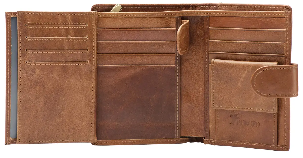 POKOFO Large RFID Genuine Leather Card Holder Trifold Wallet with Snap Closure & 3 ID Windows for Men (Brown) | 12.7cm x 10.16cm x 2.29cm - main product image