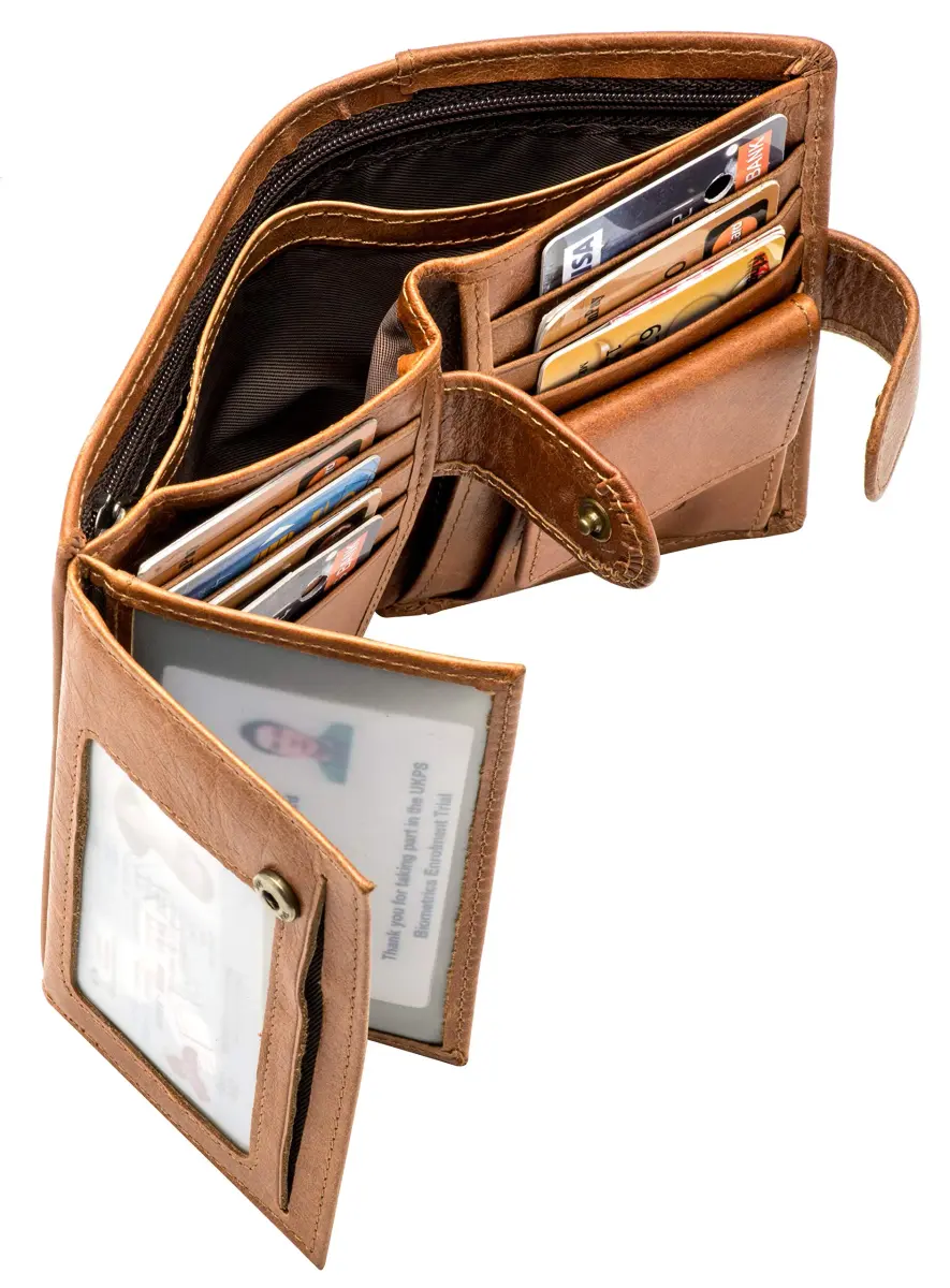 POKOFO Large RFID Genuine Leather Card Holder Trifold Wallet with Snap Closure & 3 ID Windows for Men (Brown) | 12.7cm x 10.16cm x 2.29cm - view 5