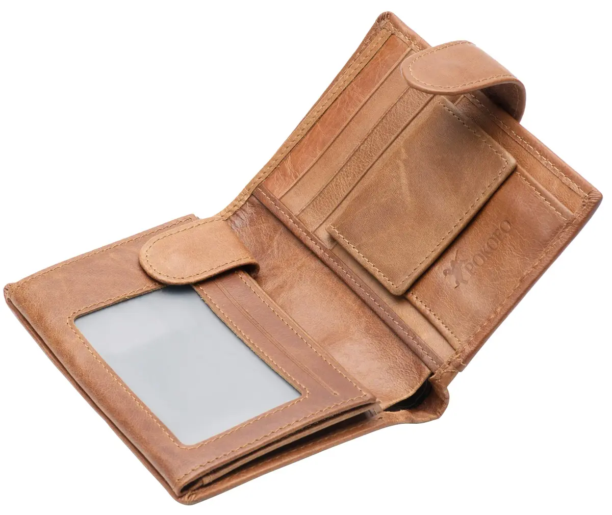 POKOFO Large RFID Genuine Leather Card Holder Trifold Wallet with Snap Closure & 3 ID Windows for Men (Brown) | 12.7cm x 10.16cm x 2.29cm - view 7