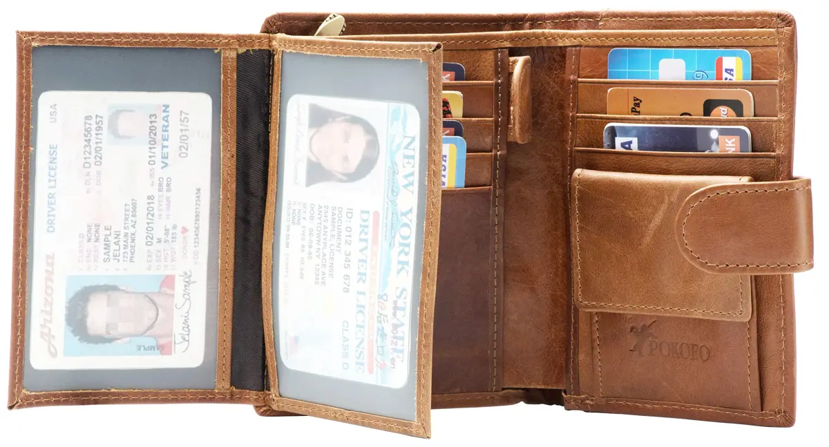 POKOFO Large RFID Genuine Leather Card Holder Trifold Wallet with Snap Closure & 3 ID Windows for Men (Brown) | 12.7cm x 10.16cm x 2.29cm - view 3