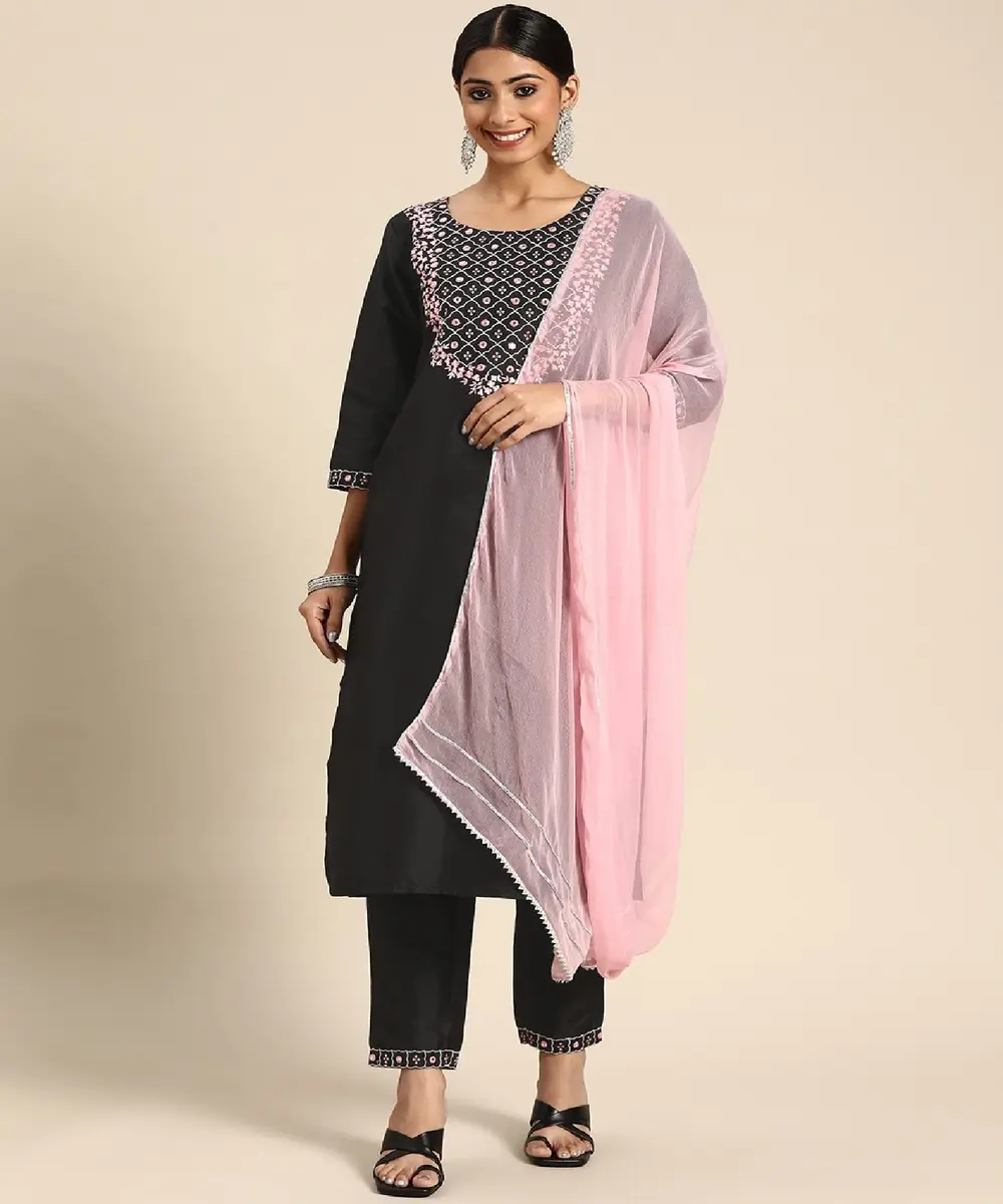 Yashika Women's Art Silk Kurta and Trousers Set with Dupatta (Black, M) | Party & Festival Wear - view 2