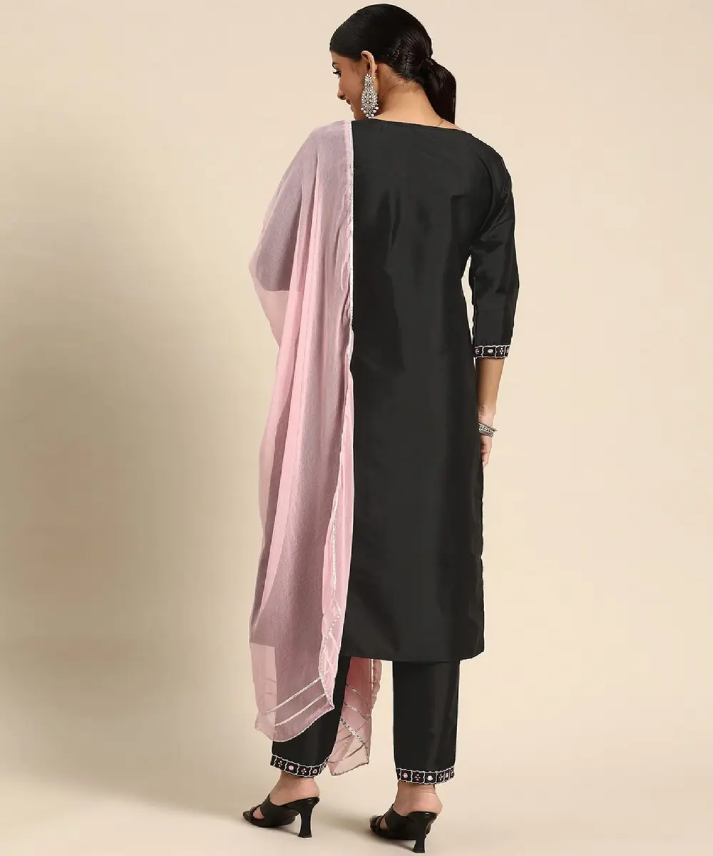 Yashika Women's Art Silk Kurta and Trousers Set with Dupatta (Black, M) | Party & Festival Wear - view 3