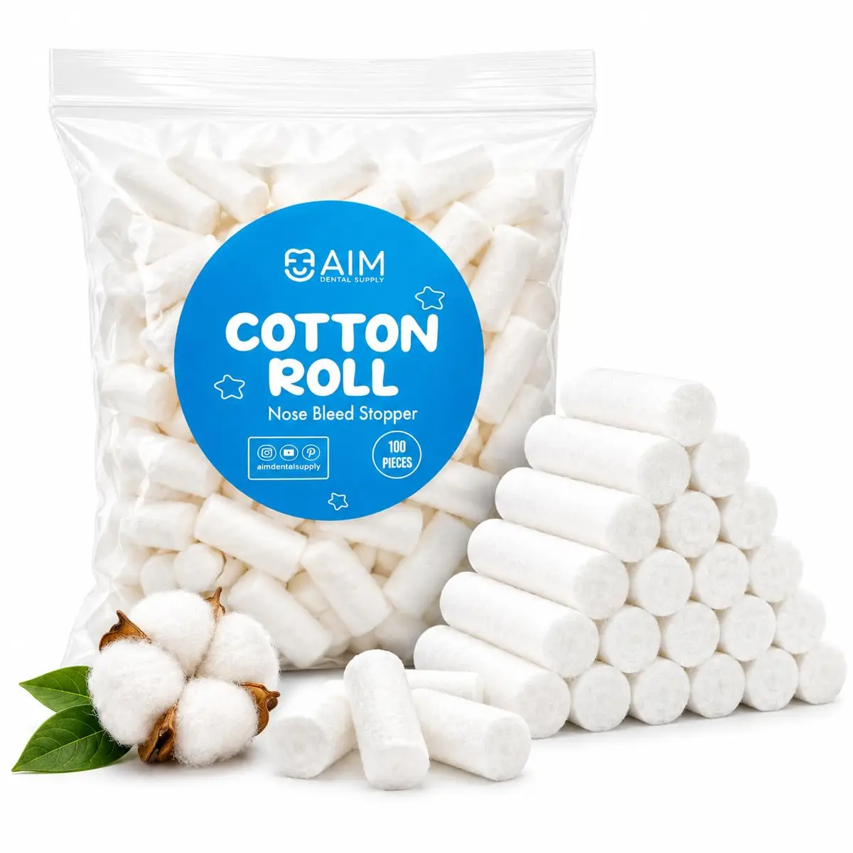 AIM DENTAL SUPPLY Cotton Rolls for Nosebleeds & Dental Use 1.5 Inch Diameter | Pack of 50 - main product image