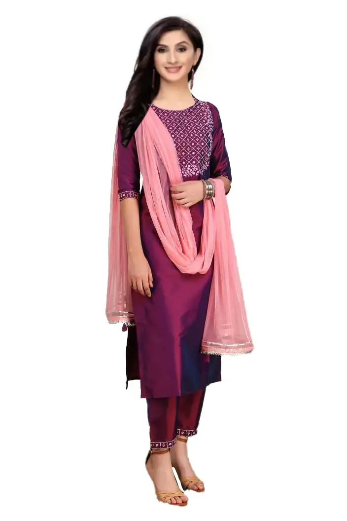 Yashika Women's Art Silk Kurta and Trousers Set with Dupatta (L, Purple) | Party & Festival Wear - main product image