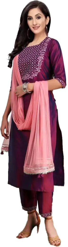 Yashika Women's Art Silk Kurta and Trousers Set with Dupatta (L, Purple) | Party & Festival Wear - view 2