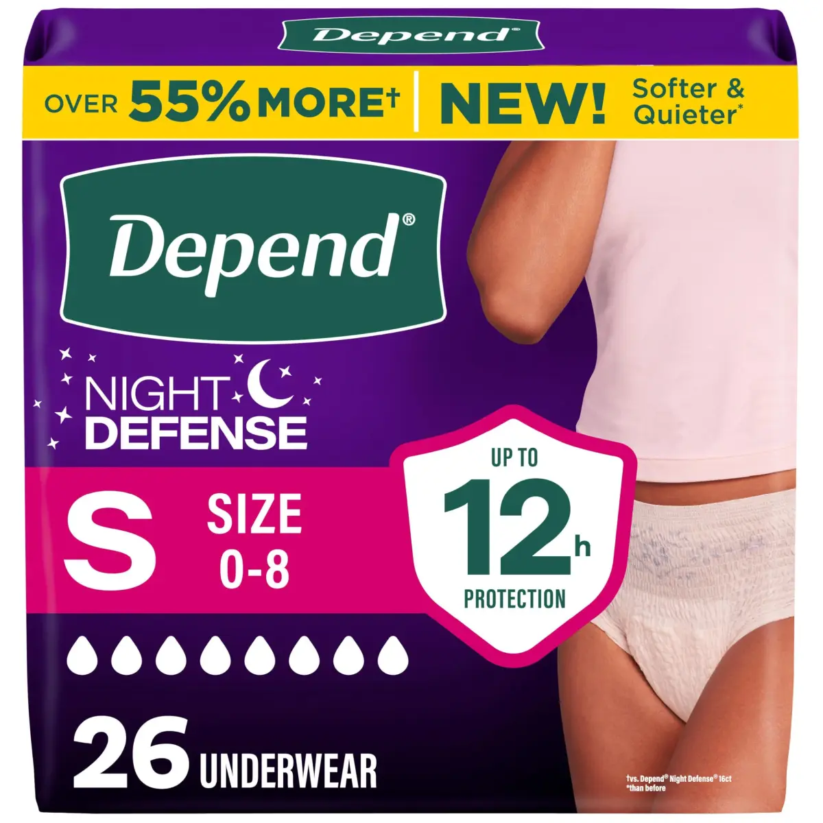 Depend Night Defense Adult Incontinence Underwear for Women, Small, 26 Count | Up to 12 Hours Overnight Protection - main product image