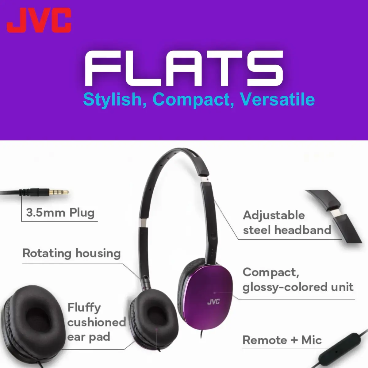 JVC Flats On-Ear Wired Headphones with Mic & Remote, 30mm Driver, Foldable Design, 1.2m (3.94ft) Cable | Powerful Sound for Calls & Music - view 2