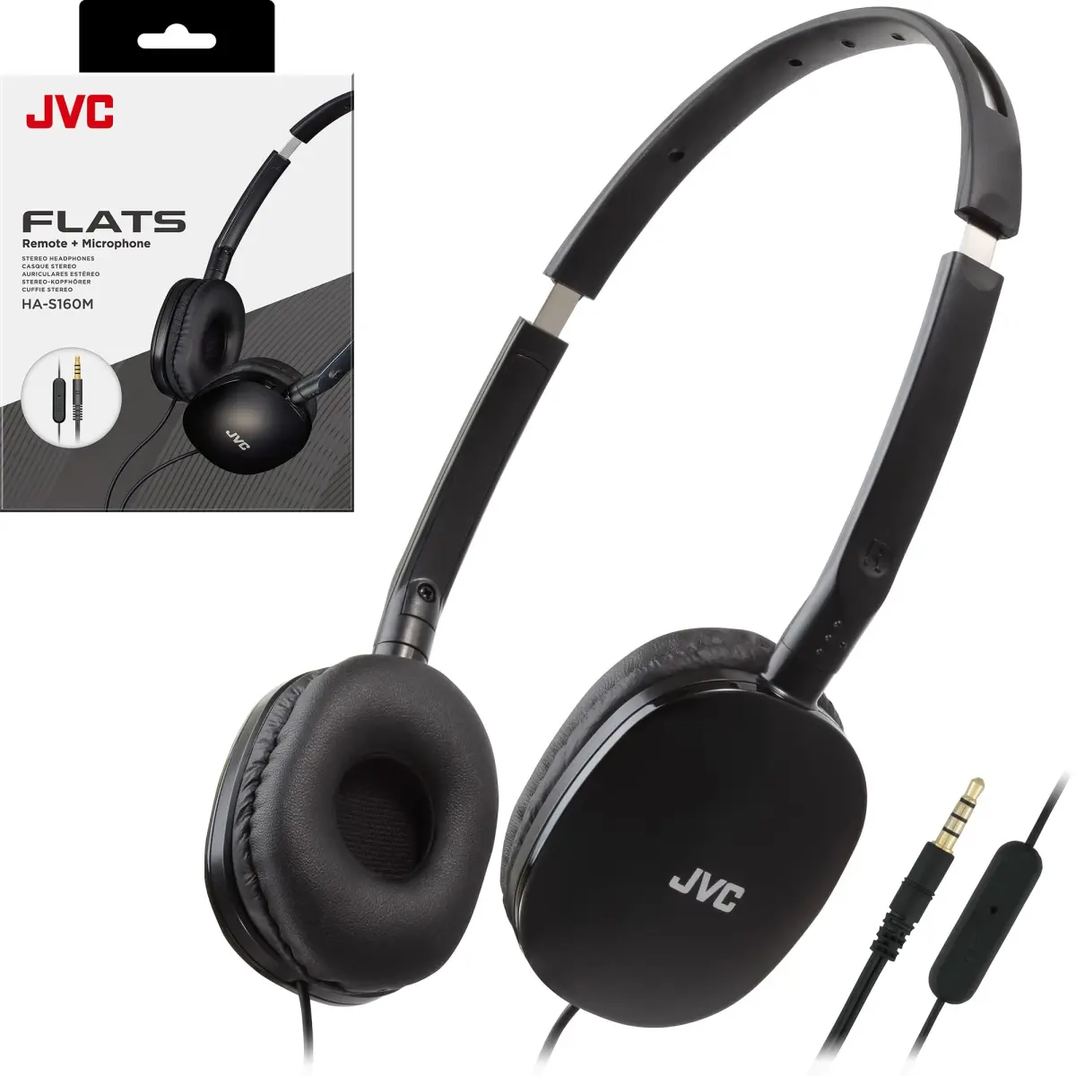 JVC Flats Foldable On-Ear Headphones with Mic & Remote, 30mm Drivers, Adjustable Black | Wired Headset for Calls & Music - main product image