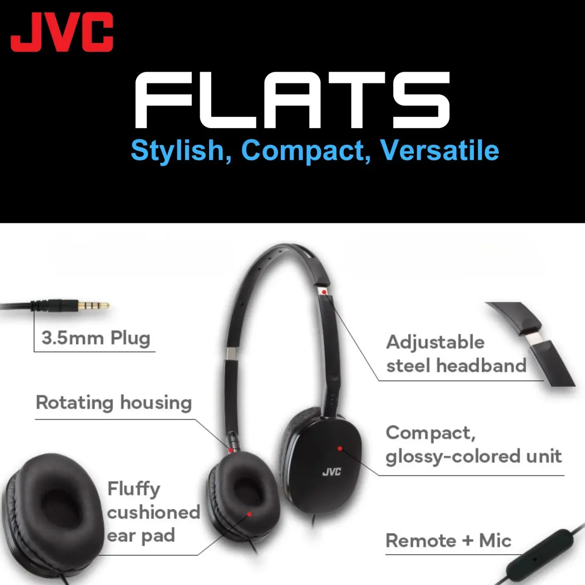 JVC Flats Foldable On-Ear Headphones with Mic & Remote, 30mm Drivers, Adjustable Black | Wired Headset for Calls & Music - view 2