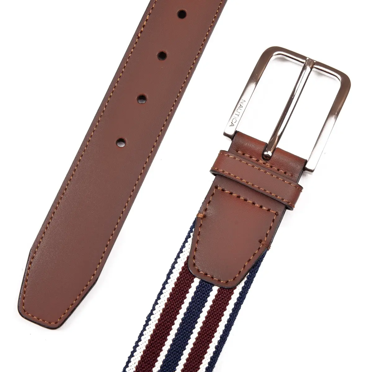 Nautica Mens Stripe Stretch Webbing Belt | Elastic | Leather Tab | Adjustable | Classic | Everyday | Business | Work | Casual | Metal Buckle - Navy/Red, Large - view 4