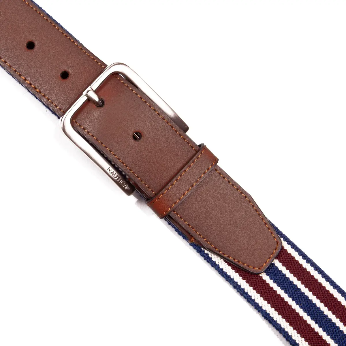 Nautica Mens Stripe Stretch Webbing Belt | Elastic | Leather Tab | Adjustable | Classic | Everyday | Business | Work | Casual | Metal Buckle - Navy/Red, Large - view 5