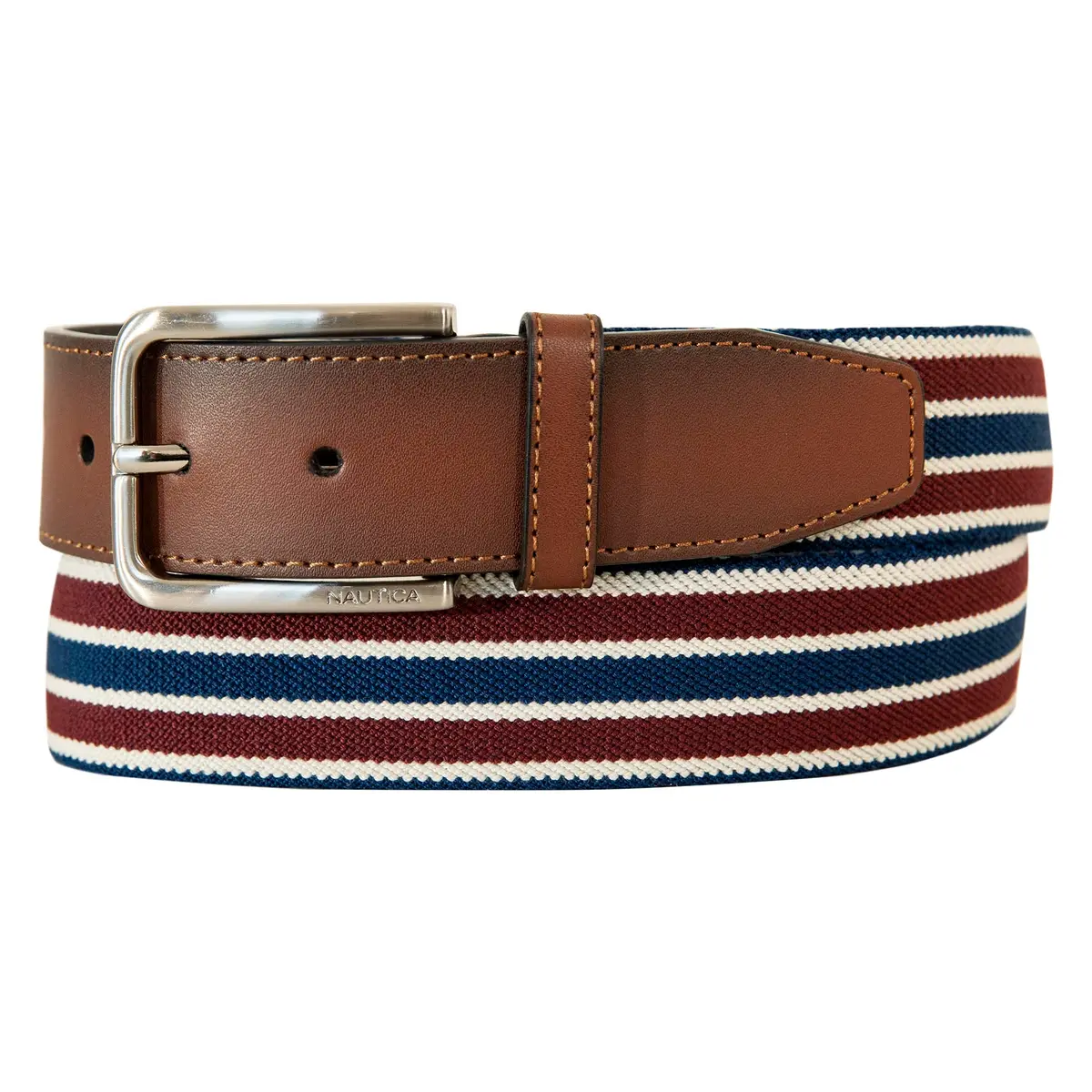 Nautica Mens Stripe Stretch Webbing Belt | Elastic | Leather Tab | Adjustable | Classic | Everyday | Business | Work | Casual | Metal Buckle - Navy/Red, Large - main product image