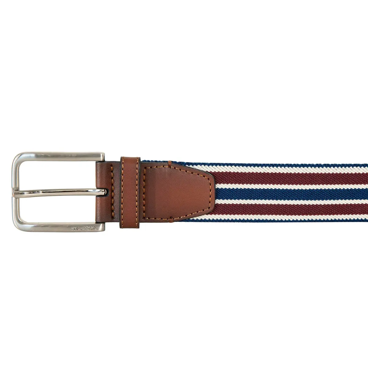Nautica Mens Stripe Stretch Webbing Belt | Elastic | Leather Tab | Adjustable | Classic | Everyday | Business | Work | Casual | Metal Buckle - Navy/Red, Large - view 2