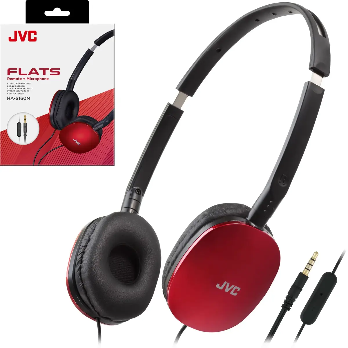 JVC Flats On-Ear Wired Headphones with Mic & Remote, 30mm Driver, Foldable Design, 1.2m (3.94ft) Gold-Plated Cable | Red - main product image
