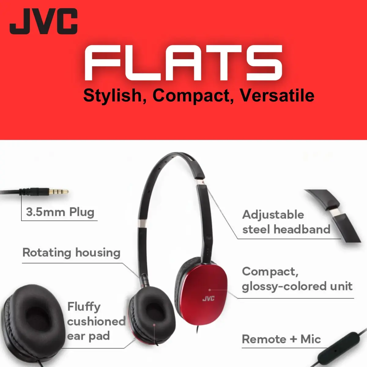 JVC Flats On-Ear Wired Headphones with Mic & Remote, 30mm Driver, Foldable Design, 1.2m (3.94ft) Gold-Plated Cable | Red - view 2