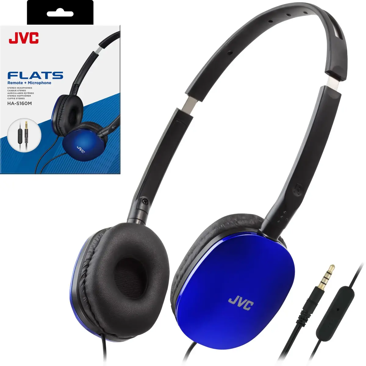 JVC HAS160MA Blue Flat Foldable On-Ear Headphones with Mic & Remote | 30mm Dynamic Drivers, 1.2m (3.94ft) Cable - main product image