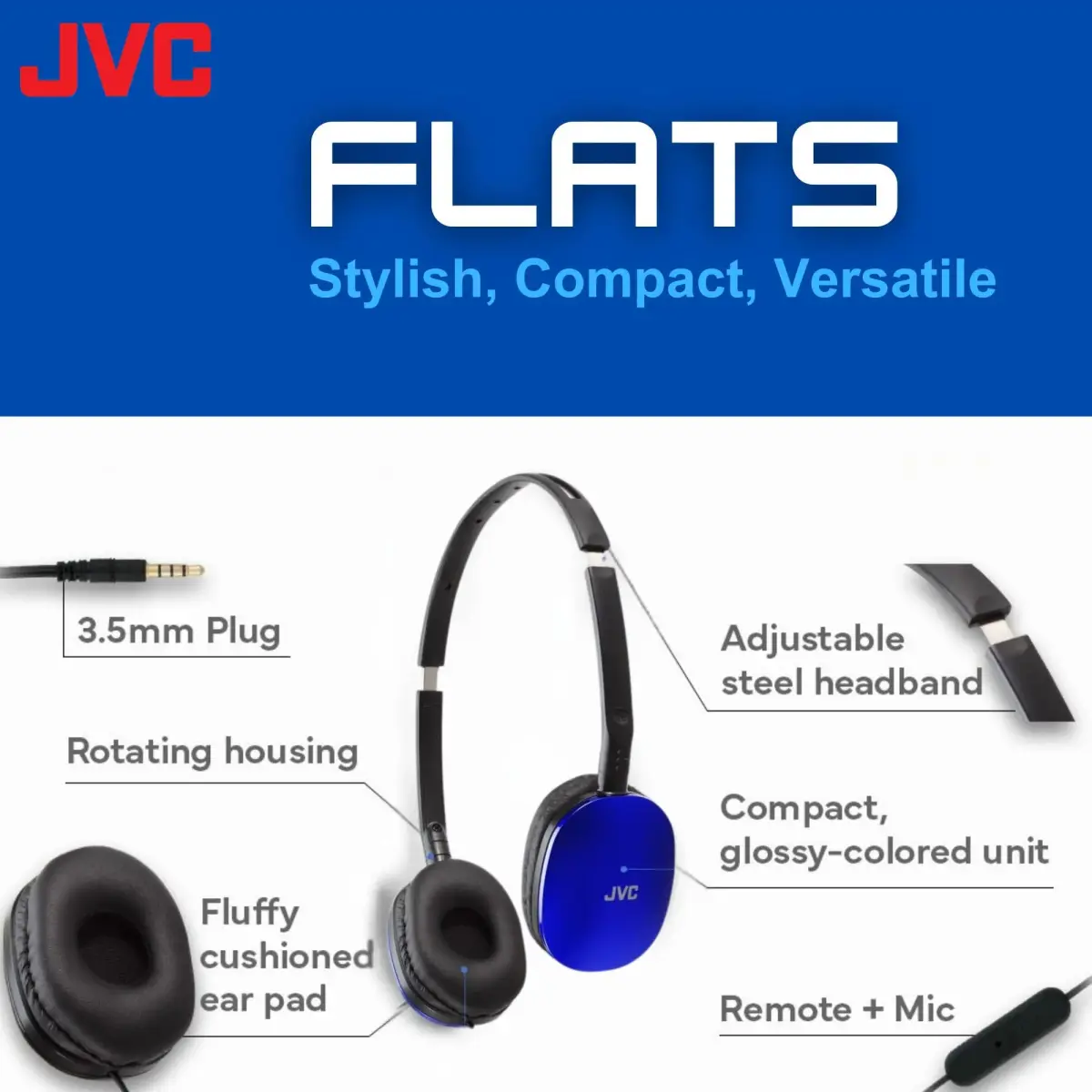 JVC HAS160MA Blue Flat Foldable On-Ear Headphones with Mic & Remote | 30mm Dynamic Drivers, 1.2m (3.94ft) Cable - view 2