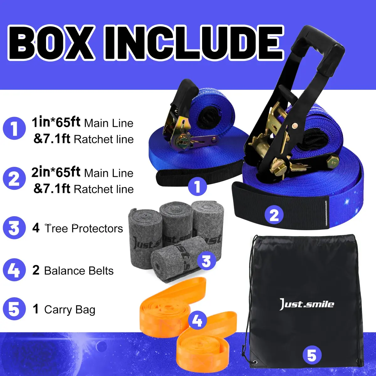 Just.smile 60ft Slackline Kit with Tree Protectors, Training Straps & Carry Bag | 2-inch Main Line, 440lb Capacity - view 2