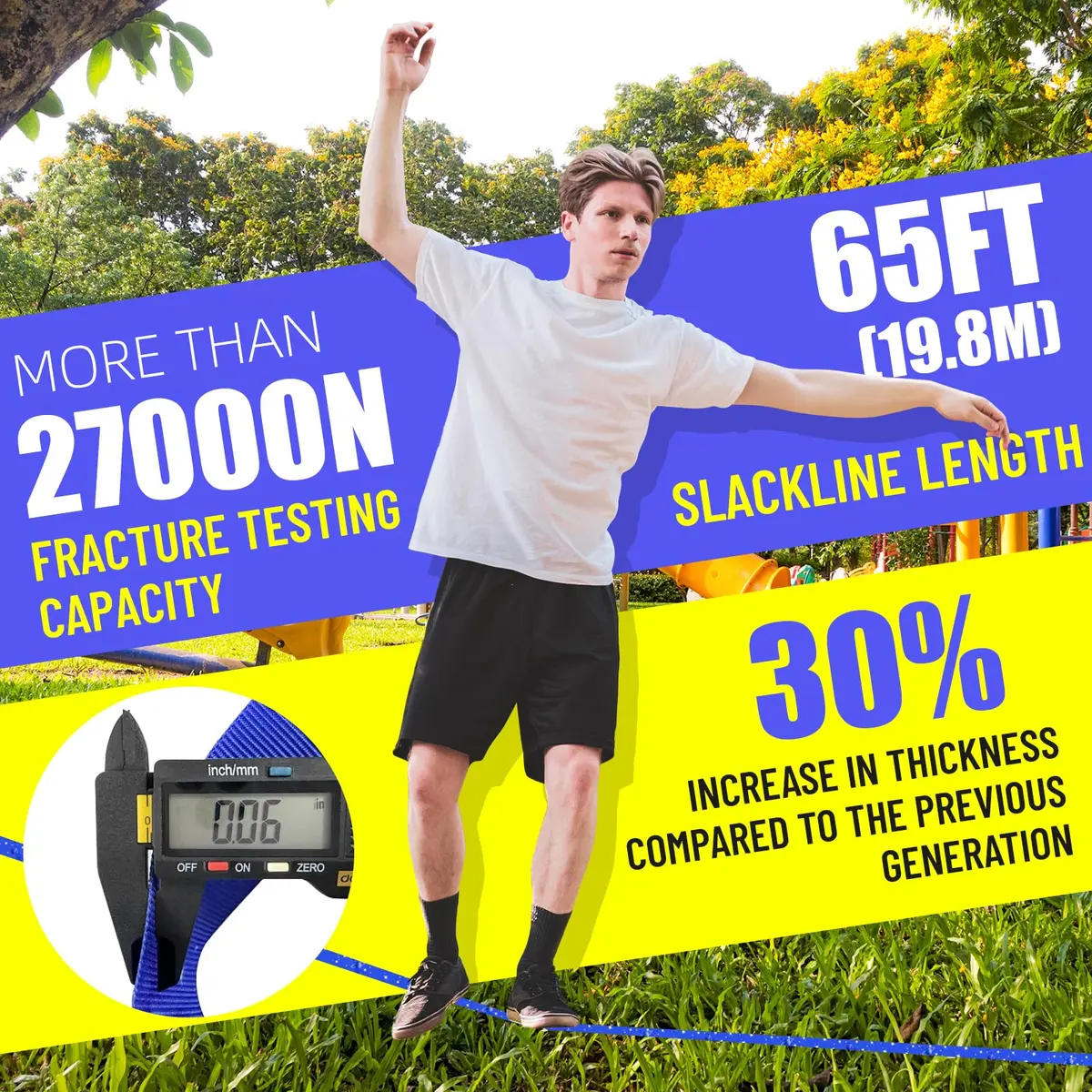 Just.smile 60ft Slackline Kit with Tree Protectors, Training Straps & Carry Bag | 2-inch Main Line, 440lb Capacity - view 4