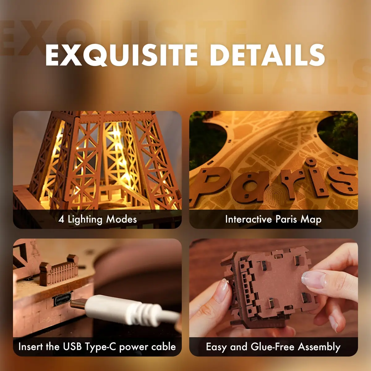 ROBOTIME 3D Puzzle for Adults DIY Model Building Kit Wooden Eiffel Tower | Elegant Architecture Toy - view 5