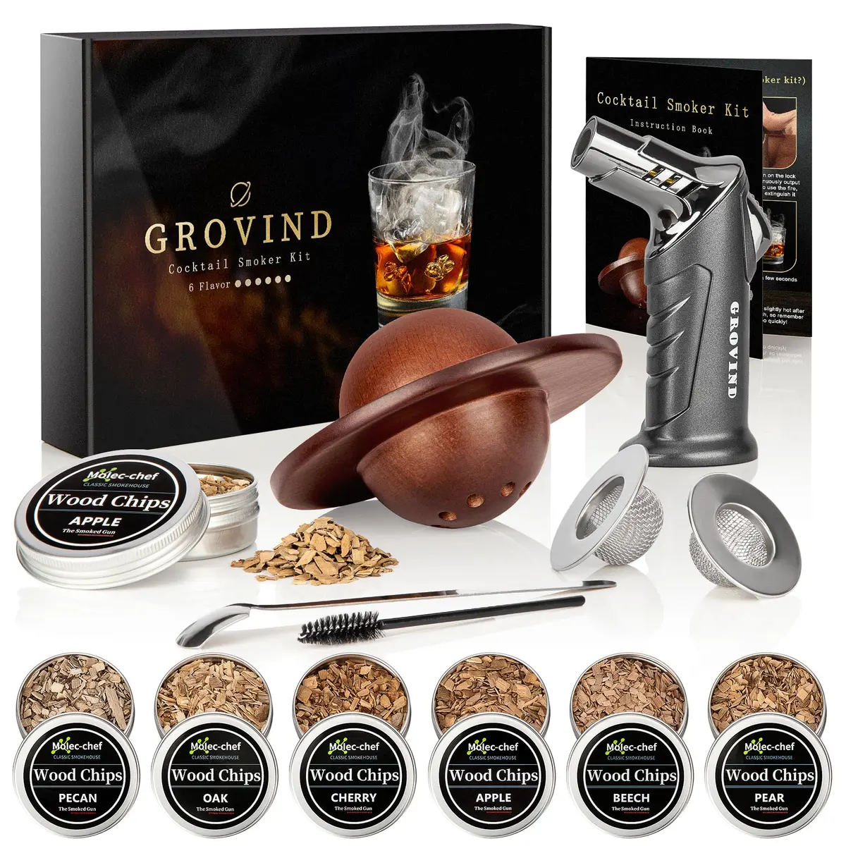 Grovind Cocktail Smoker Kit with Torch & Wood Chips | Stainless Steel & Wood - main product image