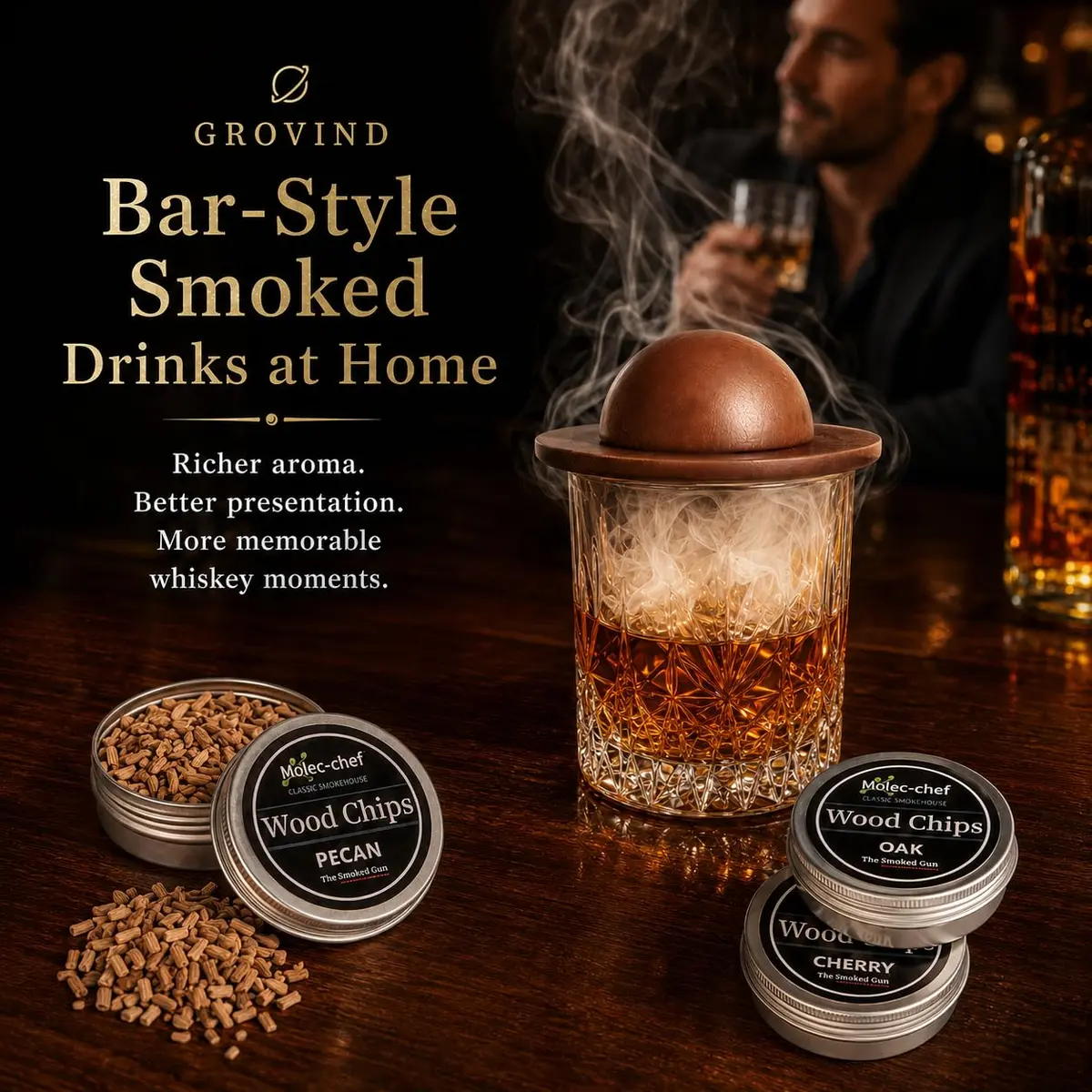 Grovind Cocktail Smoker Kit with Torch & Wood Chips | Stainless Steel & Wood - view 5
