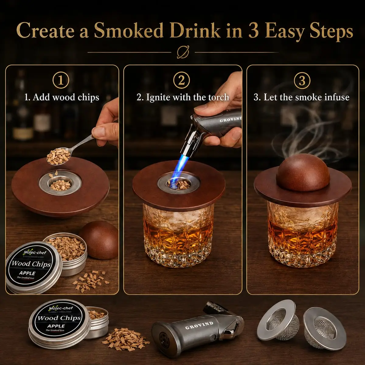 Grovind Cocktail Smoker Kit with Torch & Wood Chips | Stainless Steel & Wood - view 6