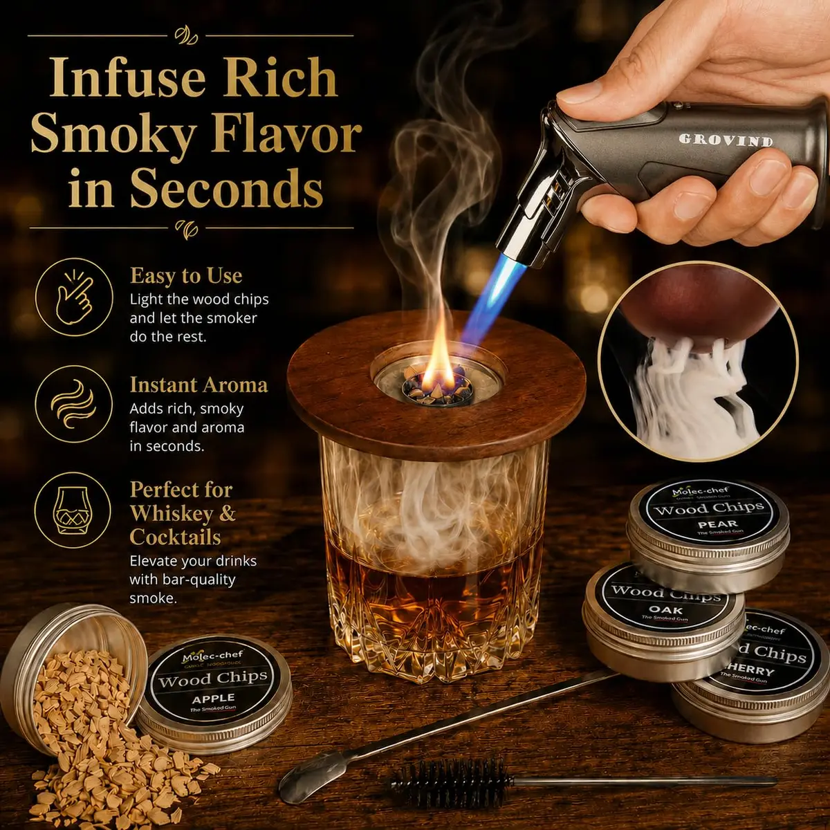 Grovind Cocktail Smoker Kit with Torch & Wood Chips | Stainless Steel & Wood - view 2
