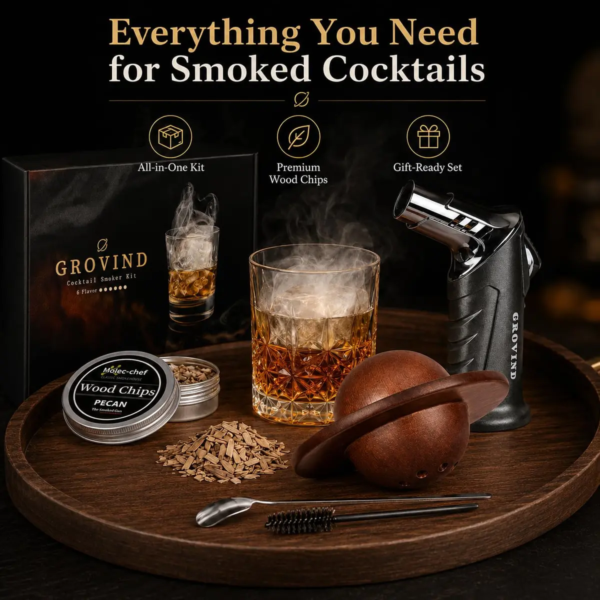 Grovind Cocktail Smoker Kit with Torch & Wood Chips | Stainless Steel & Wood - view 4